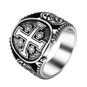 OIDEA Men's Jerusalem Cross Ring - Stainless Steel Religious Seal Christian Crusade Amulet Jewelry for Catholic, Orthodox, and Jewish Faiths