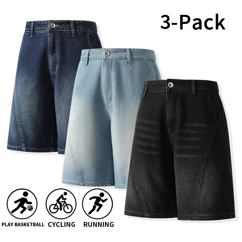 Summer vibe 3 pack men’s washed denim Bermuda shorts | Loose knee length denim shorts, suitable for sports and everyday wear