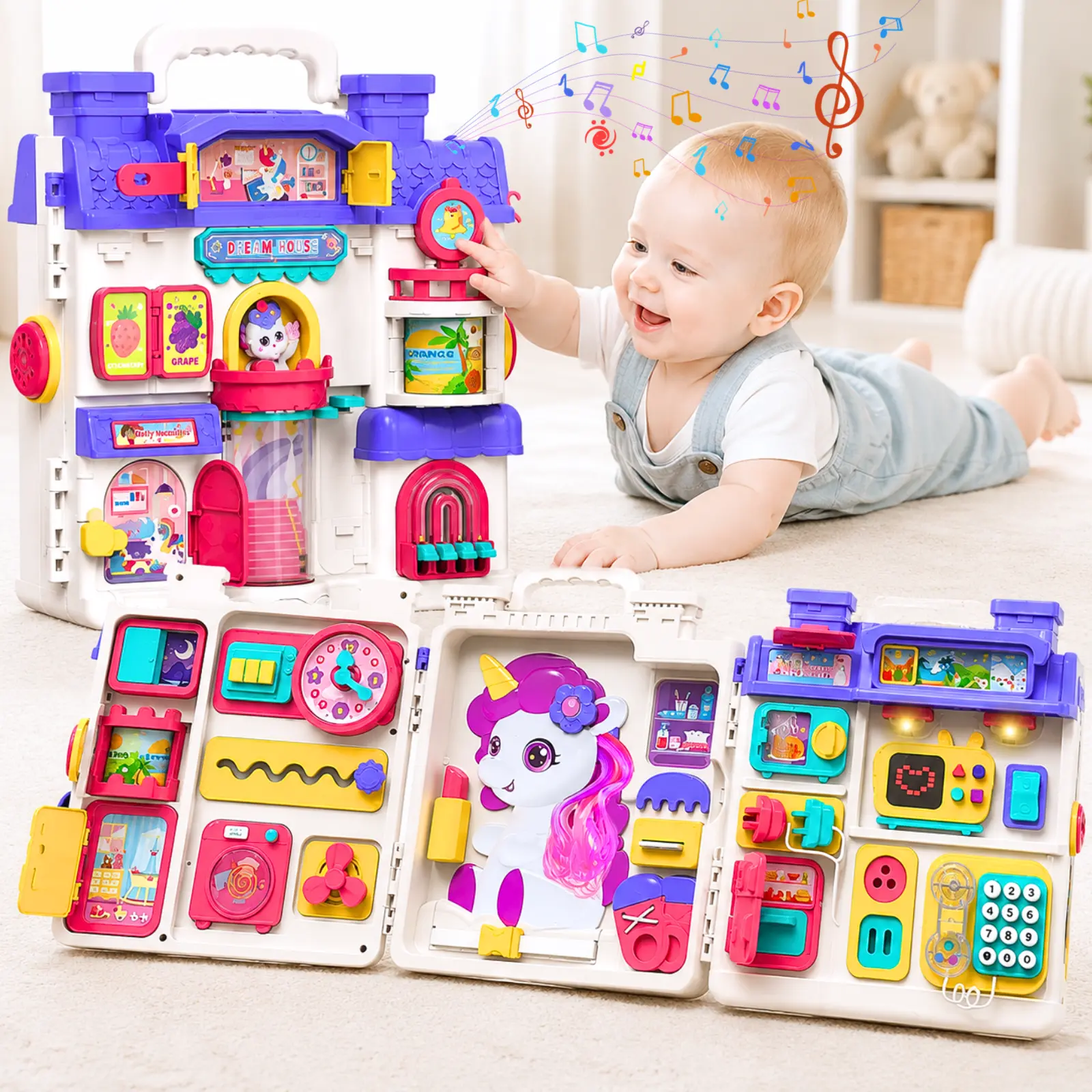 Montessori Busy Board Toys,56+ Activities Bilingual Music Learning Sensory Toys for Toddlers 1-3,Travel-Friendly Sensory Learning Activity for 12-18 Months Birthday Gift for 1+ Year Old Girl