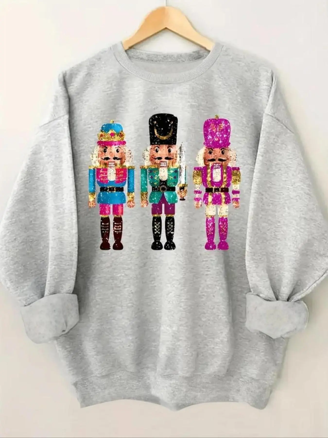 Women's Cartoon Nutcracker Print Drop Shoulder Sweatshirt, Casual Long Sleeve Round Neck Pullover for Daily Wear, Ladies Spring & Fall Clothes