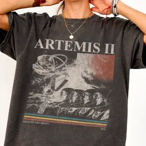 Artemis 2 Around The Moon Vintage Shirt, Graphic Tees, Unisex Y2K Cotton Tee, Streetwear T14, Fabric, Novelty
