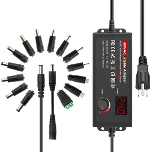 Power adapter, 100-240V AC to 3-24V 48W adjustable DC power supply, adjustable by knob, with LCD screen and voltage display, equipped with positive and negative pole adapter cables, and 14 different types of adapters.