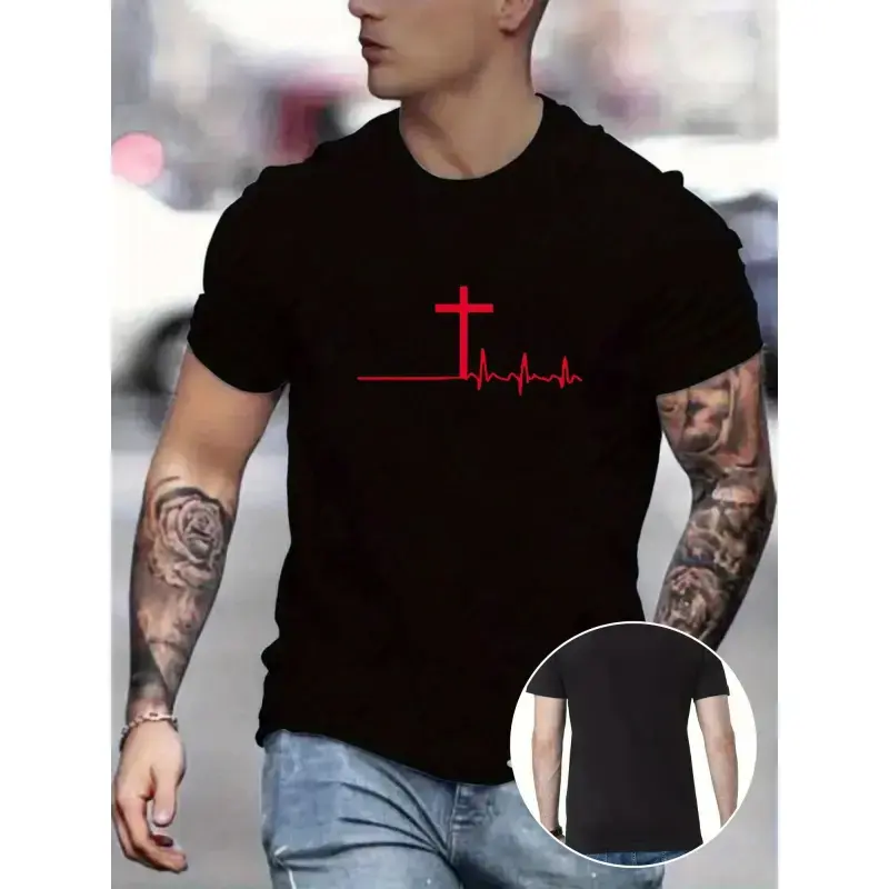 Men's T Shirt with Black-Red Cross Pulse Printed Front - Short Sleeve Crew Neck in Ultra-Soft 100% Cotton, Breathable for Gym & Casual Wear, Men's T Shirts, Men’s Clothes