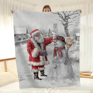 1pc Santa Claus And Snowman Patterned Flannel Blanket, Soft Warm Throw Blanket Nap Blanket For Couch Sofa Office Bed Camping Travel For Christmas