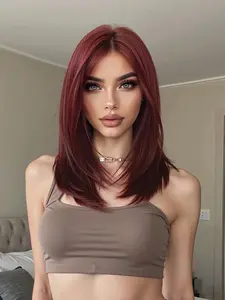 16 Inch Reddish Brown Short Bob Wigs for Women, Gorgeous Fluffy Wigs with Bangs, Synthetic Full Machine Wigs for Party, Daily Use, Straight Bob Wig