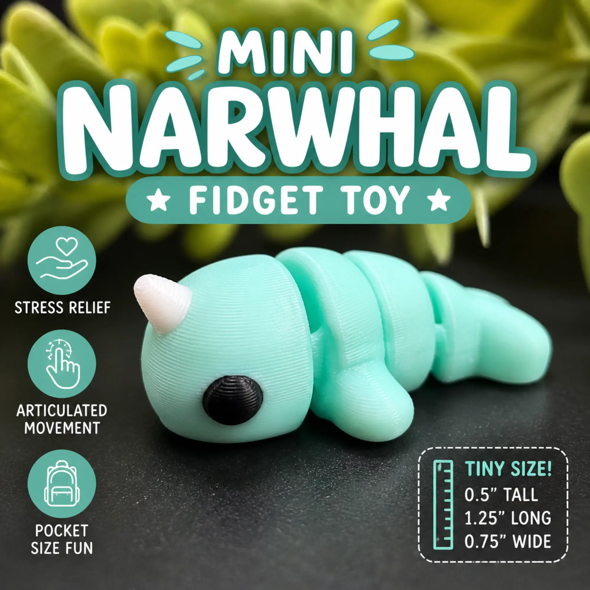 Narwhal | 3D Printed Fidget Toy | Articulated Desk Pet | Sensory Toy | ADHD | Desk Pet | Ocean Animal | Party Favor |