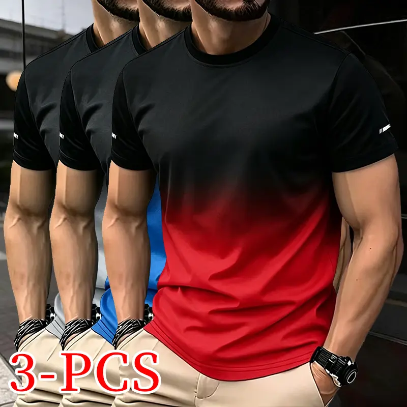 Pack of 3 men’s quick-dry sports T-shirts with gradient colors, moisture-wicking fabric, high elasticity, and short sleeves—ideal for everyday wear and travel; comfortable and versatile. Lightweight, breathable T-shirt with gradient design; short sleeves