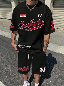 Men's Letter Print Short Sleeve T-Shirt and Shorts Casual Set, Menswear, Fitted All over Print, Summer Fashion, Comfortable Wear