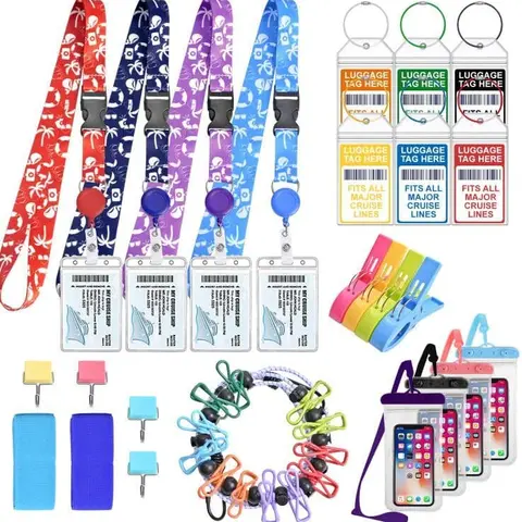 25 Pcs Cruise Essentials Accessories Kit Must Haves Set Include Retractable Cruise Lanyards for Ship Card, Luggage Tags Holder, Towel Bands and Clip, Waterproof Phone Bag, Clothesline, Magnetic Hook