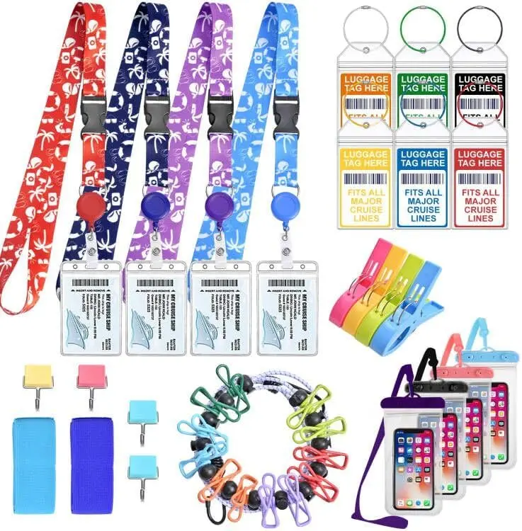 25 Pcs Cruise Essentials Accessories Kit Must Haves Set Include Retractable Cruise Lanyards for Ship Card, Luggage Tags Holder, Towel Bands and Clip, Waterproof Phone Bag, Clothesline, Magnetic Hook