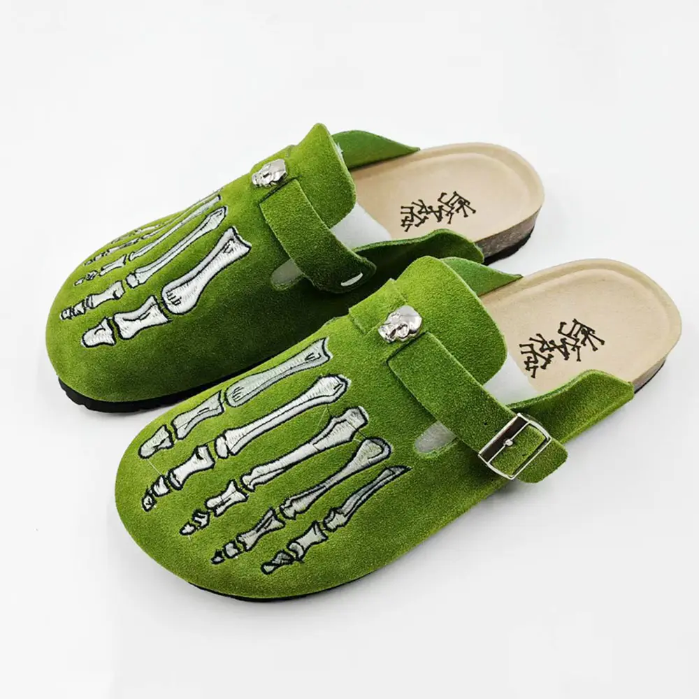 Men's & Women's Hallowmas Green Skeleton Embroidery Suede Clog Mules - Adjustable Metal Buckle, Cork Footbed, Closed-Toe Backless Slides, Retro Gothic Streetwear, Y2K Punk, Non-Slip Rubber Sole, Casual Daily Outdoor Walking Shoes