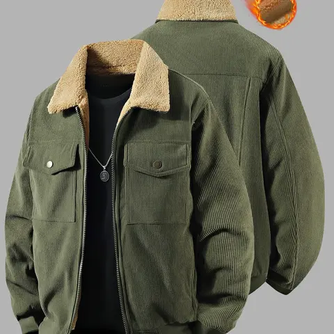 Men's Corduroy Jacket for Fall & Winter with Thickened Fleece Lining, Stylish and Warm Collared Fashion Casual Outerwear for Casual Wear, Comfortable Fitted Design Coats