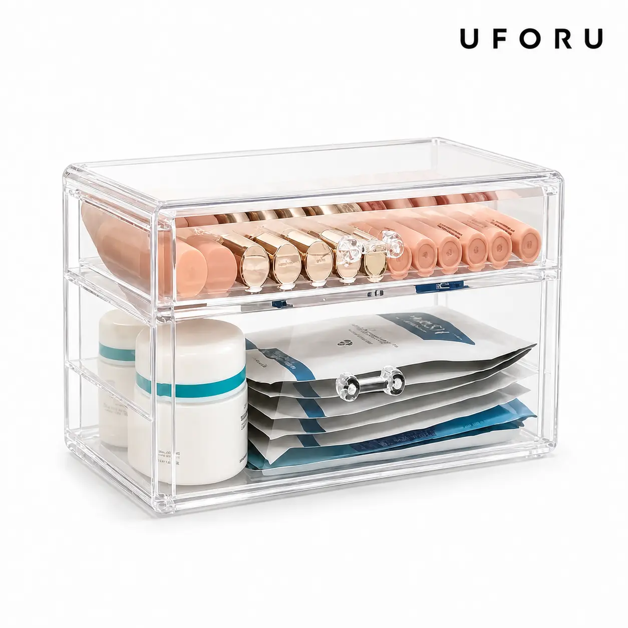 UFORU Durable Acrylic Beauty Organizer with Stackable 2 Drawers, Dustproof Sealed Crystal Handle Rectangular Modern Storage Boxes for Bathroom Vanity, Waterproof for Lip Gloss, Skincare & Jewelry