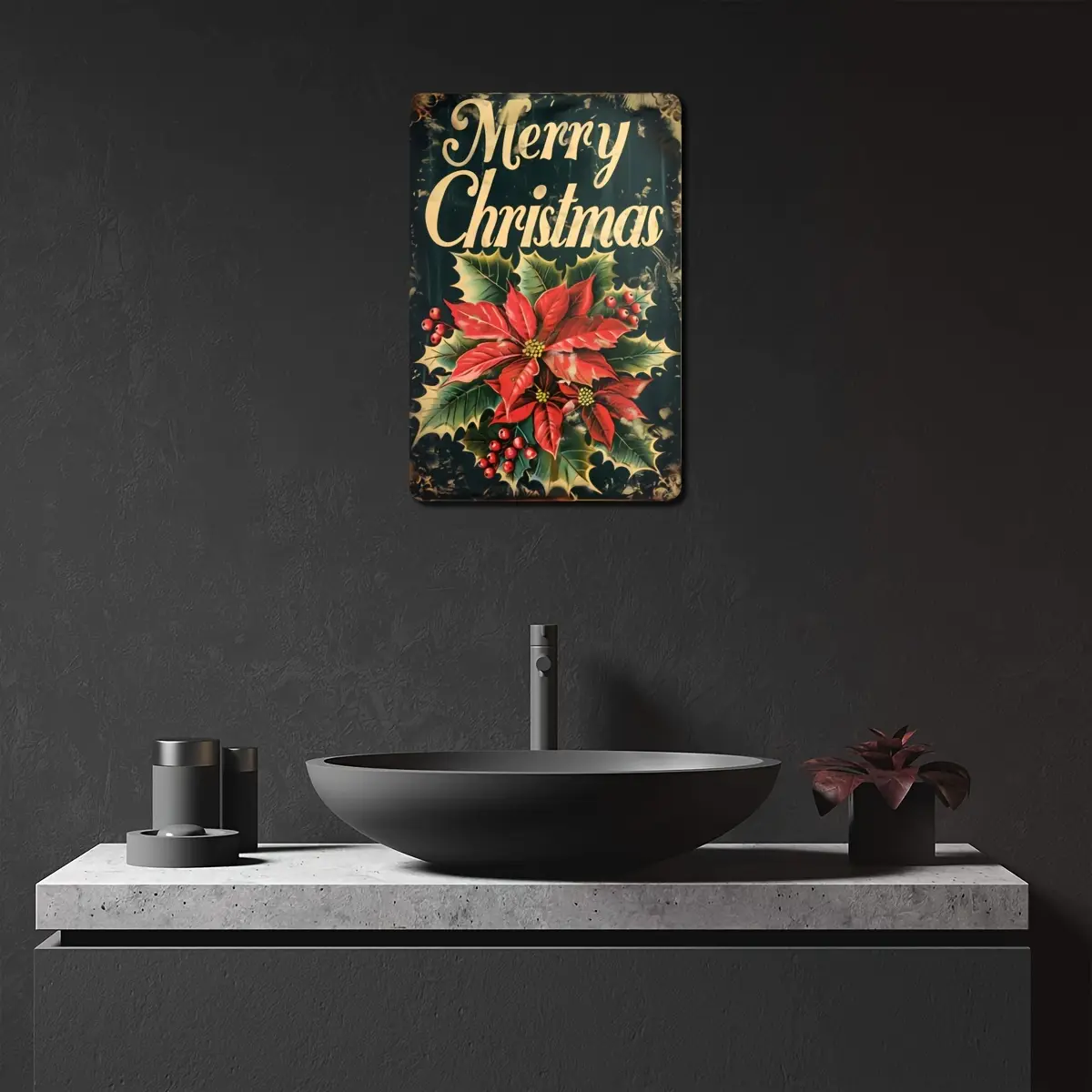 Vintage Merry Christmas Distressed Rustic Metal Iron Wall Decoration - 8x12 in/30x20cm Pre-Holed Waterproof Easy-Install Home Decor, Durable Cafe Hanging Decor, Gift for Decorating, Pack of 1