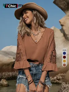 Women's Solid Color V Neck Blouse Shirt, Boho Casual 7/8 Sleeve Top for Beach Vacation Holiday, Ladies Clothes for Summer