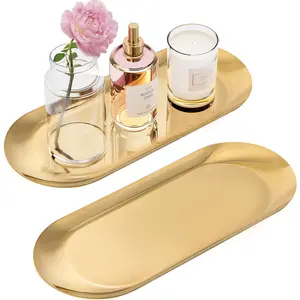 Gold Decorative Tray, 2 PCS Bathroom Vanity Tray for Dresser Counter, Elegant Jewelry Dish Tray for Decor, Gold Platter Serving Tray Organizer for Perfume Trinket Key Candle, Stainless Steel, Oval