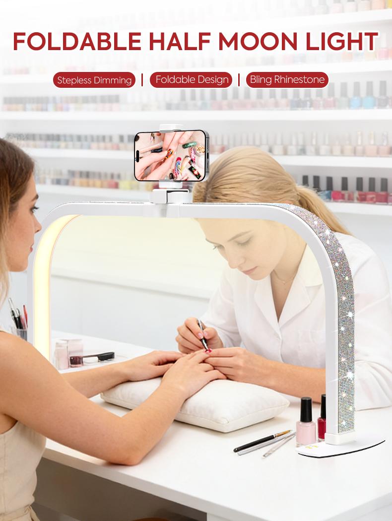 Professional Half Moon Nail Lamp, Foldable 25.6" U-Shaped LED Nail Desk Light With Phone Holder, Dimmable, Adjustable Color Temperature 3000K–6500K