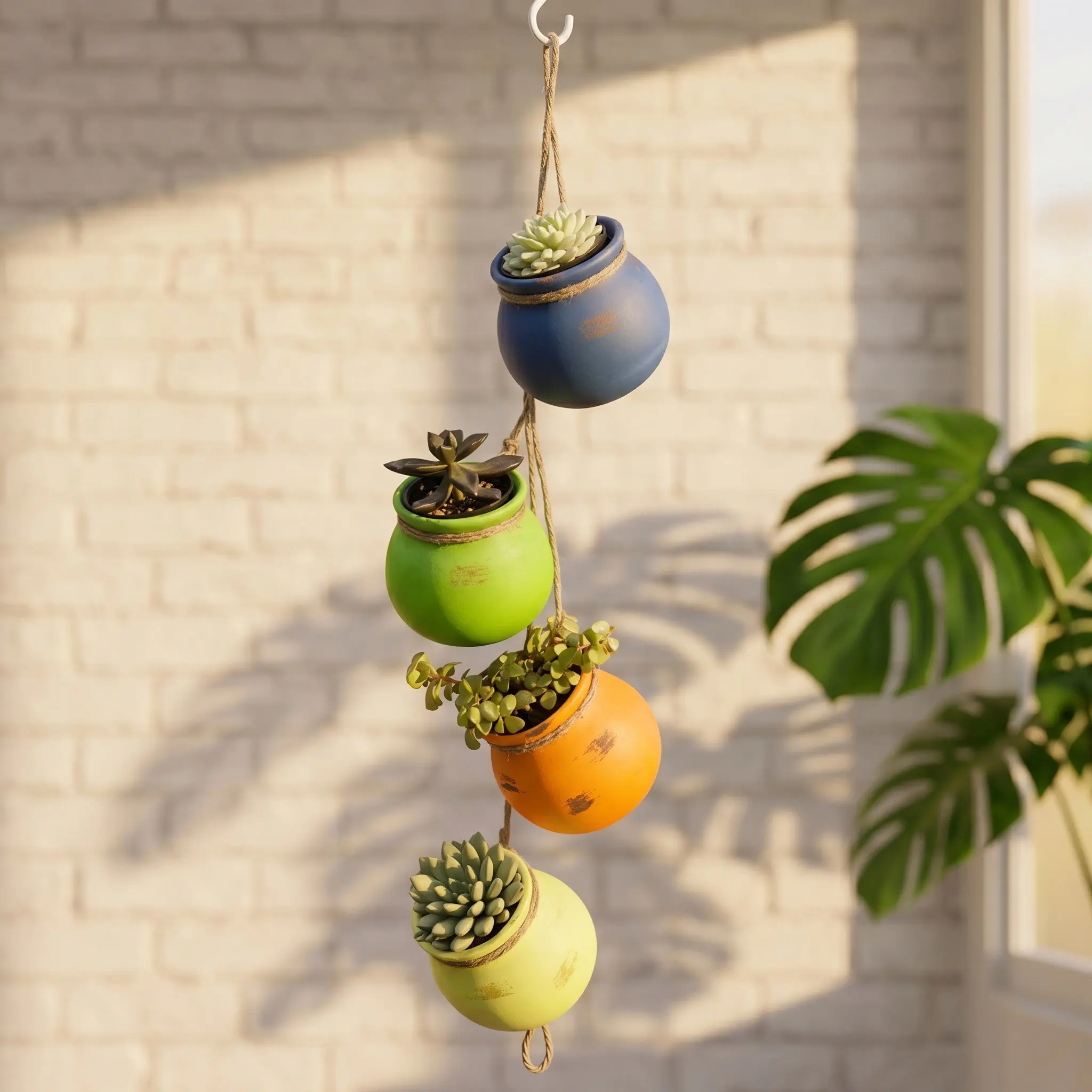 DIY 4 Tier Hanging Planters for Indoor Plants, Bohemian Hanging Pot with Artificial Succulents, Wall Mounted Plant Holder for Home Decoration, Hanging Flower Pots, Hanging Plant Basket