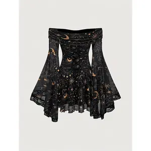 Plus Size Women's Elegant Off-Shoulder Dress with Sheer Lace Sleeves & Starry Night Print - A-Line Mid-Length Summer - Machine Washable, Formal Evening Wear - Semitransparent Material, Stretchy Fabric Gown tara yummy coachella sleeveless zea goo dresses