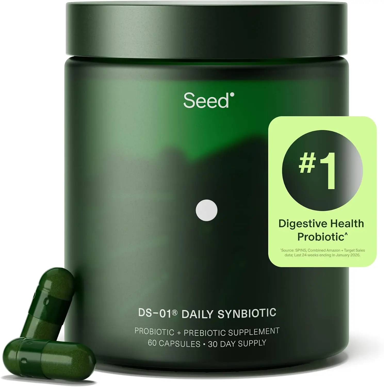Seed DS-01 Daily Synbiotic Jar - Adult Vegan Capsules, 30-Days Supply, 24 Probiotics + Prebiotic, Digestive & Gut Health Support, Bloating & Gas Relief, Improves Regularity