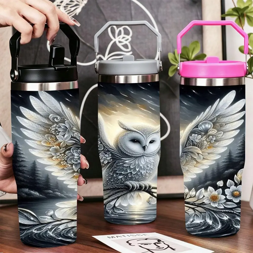 Ornate Floral Winged Owl Stainless Steel Tumbler - Leakproof, Multi-Sizes 12oz/20oz/22oz/30oz/40oz, Double Wall Vacuum Insulated, BPA-Free, Portable with Lid & Straw for Gym, Office