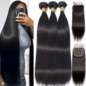 Megeen Hair Straight Hair Bundles With Closure Transparent Lace 5x5 Straight Human Hair With Lace Closure 12A Grade Bundle Deals