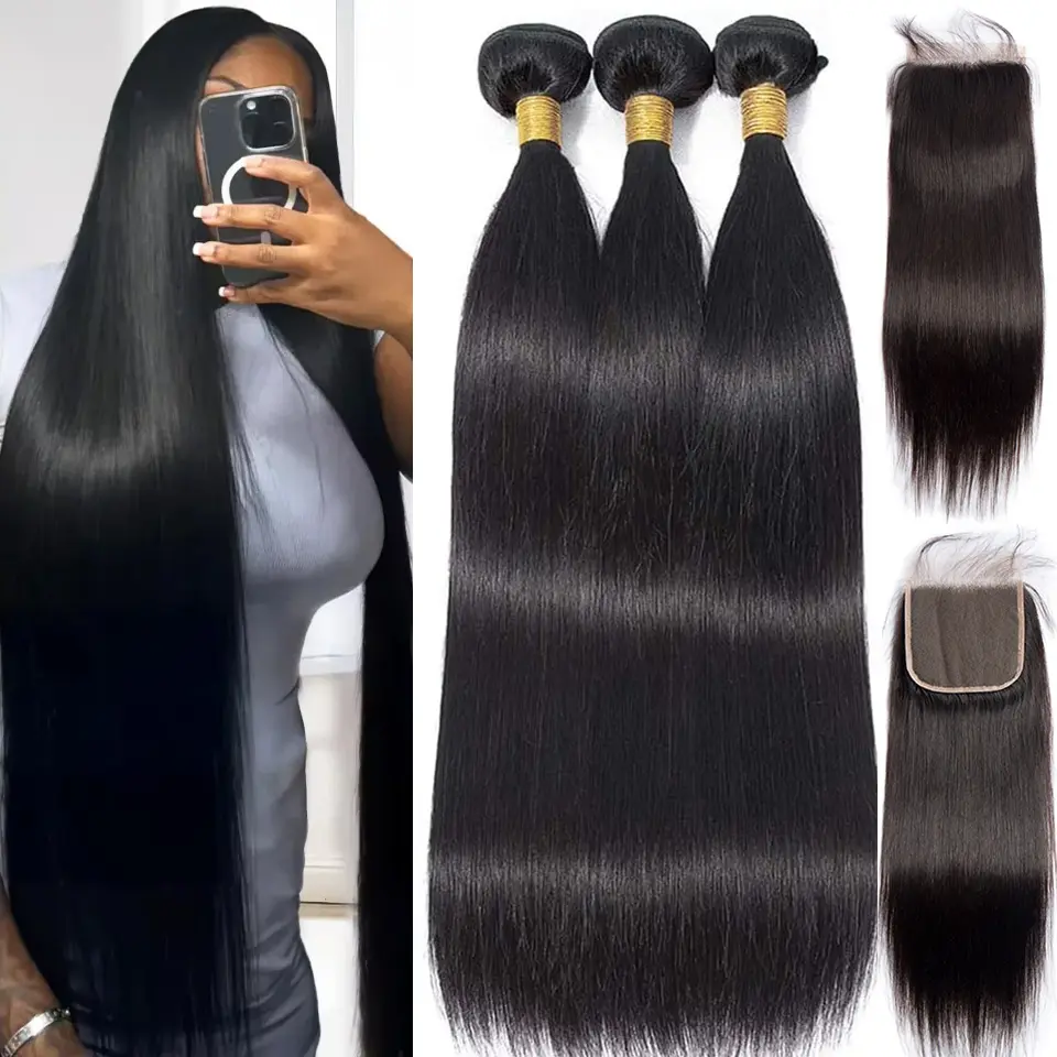 Megeen Hair Straight Hair Bundles With Closure Transparent Lace 5x5 Straight Human Hair With Lace Closure 12A Grade Bundle Deals