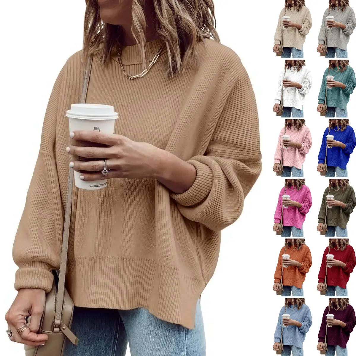 Goranbon Womens Oversized Tunic Sweaters Fall Batwing Sleeve Slit Crew Neck Slouchy Knit Pullover Jumper