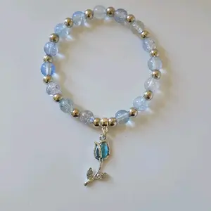 Elegant Rose Cat Eye Charm Bracelet with Silver Tone Charm