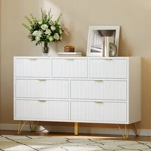 Modern Dresser for Bedroom, 7 Drawer Dresser, White Dresser, Wooden Chest of Drawer with Gold Metal Legs and Handles, Narrow Entryway Table TV Cabinet for Living Room, Nursery