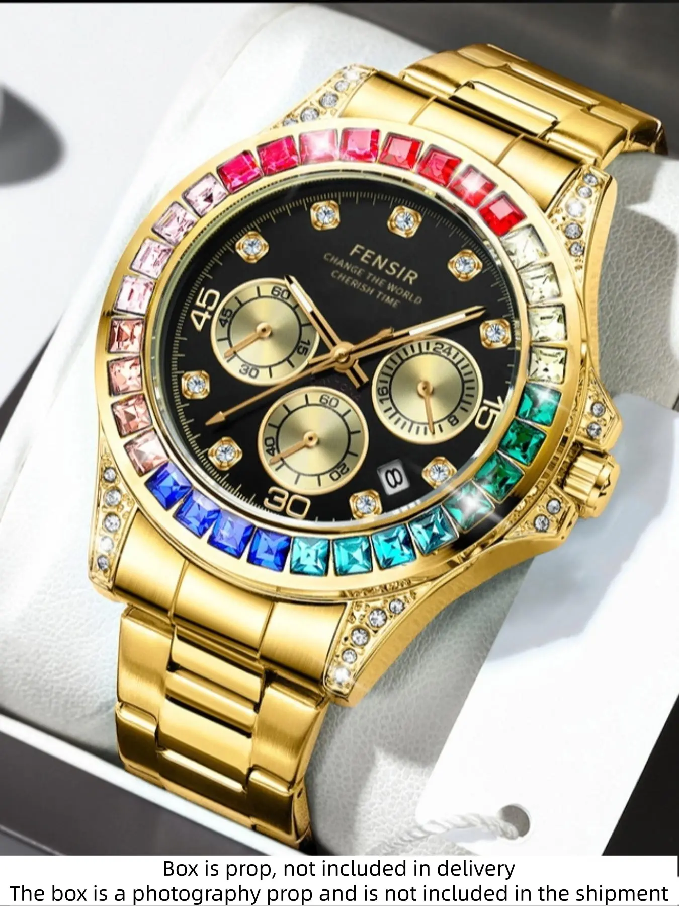 Luxury Rainbow Diamond Men's Watch, Fashionable Watches, Quartz Analog Timepiece, Quartz Analog Wristwatch, Silver Color Alloy Case, Round Analog Dial, Quartz Movement, Calendar Display, Best Gift for Him