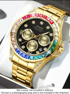 Luxury Rainbow Diamond Men's Watch, Fashionable Watches, Silver Color Alloy Case, Round Analog Dial, Quartz Movement, Calendar Display, Best Gift for Him