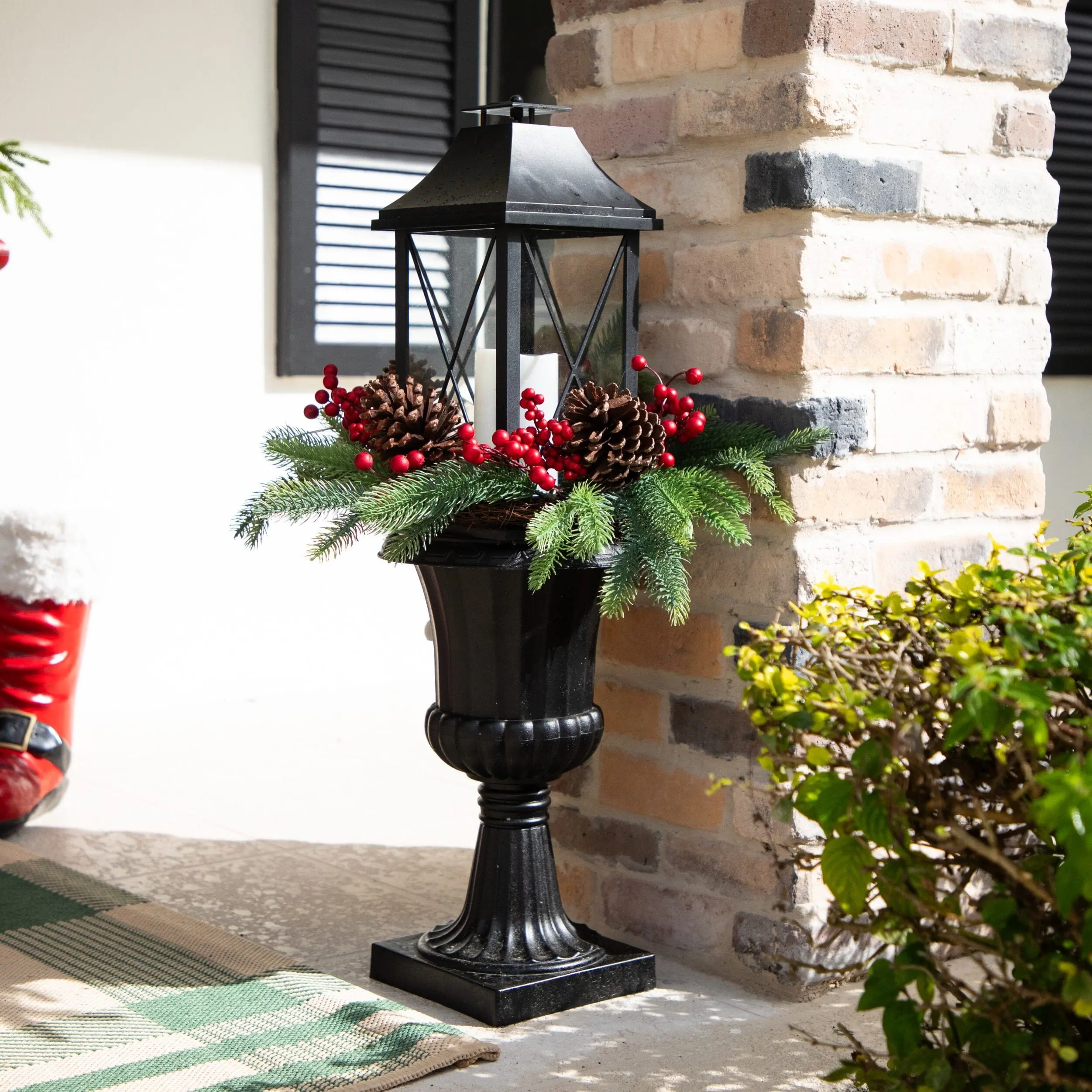 33in Floor-Standing Illuminated Urn-Shape Lantern - Patio Decoration, Outdoor Decor with Holiday Christmas Greenery, Berries, Pinecones for Home Supplies