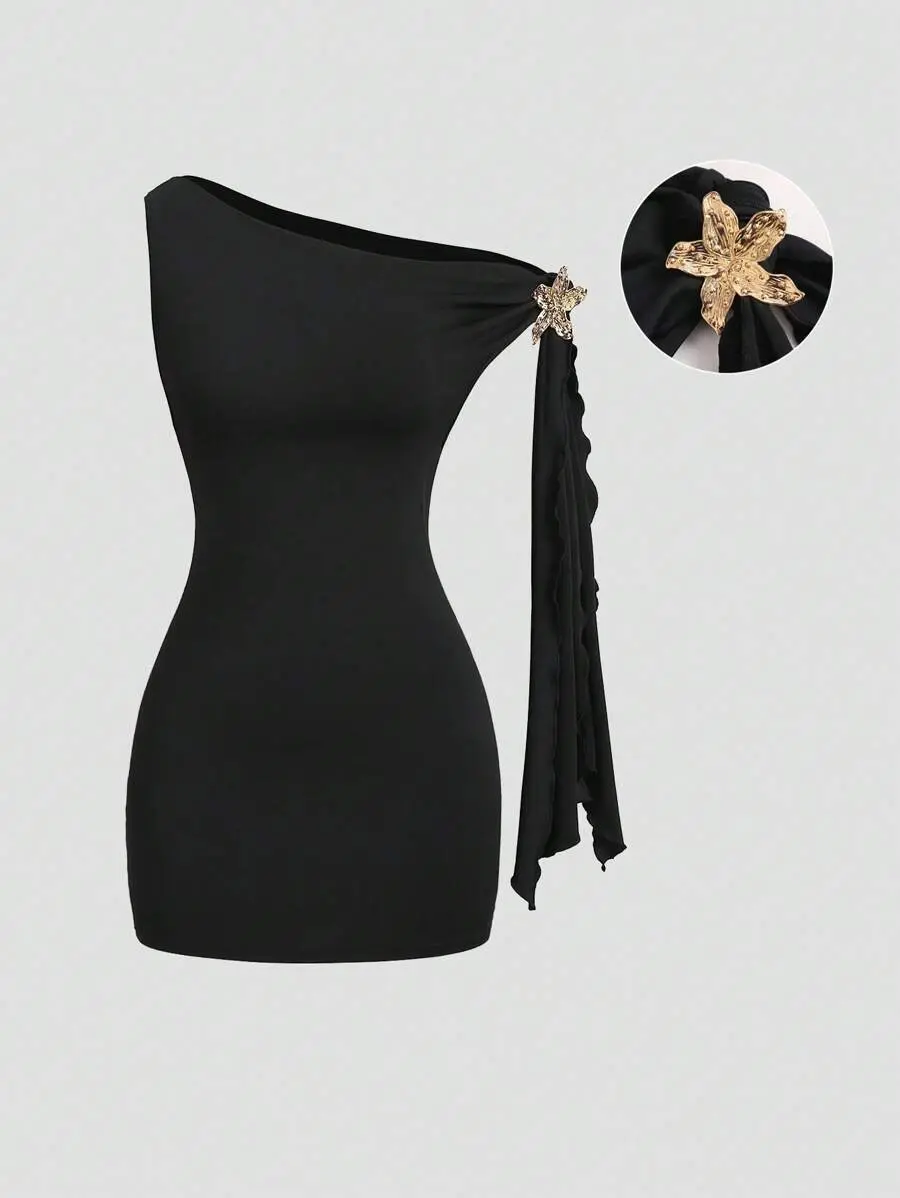 Sweetra Asymmetrical Neck Flutter Sleeve Sexy Black Bodycon Dress, Waist Cinched And Bodycon, Elegant French Style