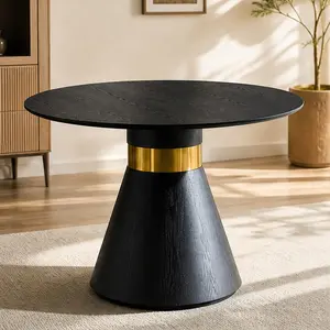 ARCH 47.24'' Round Dining Table for 4-6 People, Modern Black Pedestal Table with Gold Trim Ring, MDF Wood Dining Room Table, Easy Assembly, Stylish Glam Kitchen Table, Living Room Furniture, Black Color Options, MDF Material, Modern Style