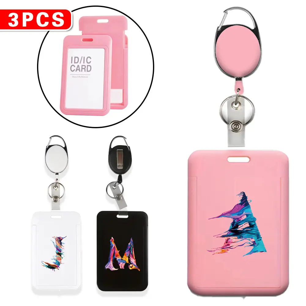 3 PCS Premium Retractable ID Card Reel - Breakaway Safety Clasp & Non-Slip Clip | Adjustable Nylon Cord Badge Holder | 26 Letters Paint Pattern for Office & School Use Retractable Badge Holders