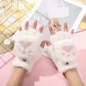 Cute Cat Paw Mittens Warm Fingerless Gloves for Women Girls Soft Faux Fur Winter Accessory