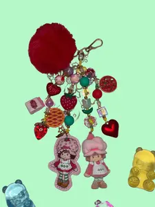 Adorable Lady on Pink and Red Pompom, Heart and Strawberry design Bag Charm