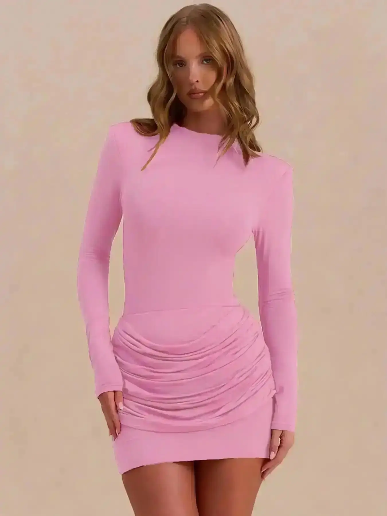 Bodycon Short Dress with Waist Ruching, Mock Neck Long Sleeve Slim-Fit Formal Elegant for Office Commute Party Christmas, Versatile, Comfort, Wear, Style, Outfit, Essential, Trendy, Chic, Classy, Modern