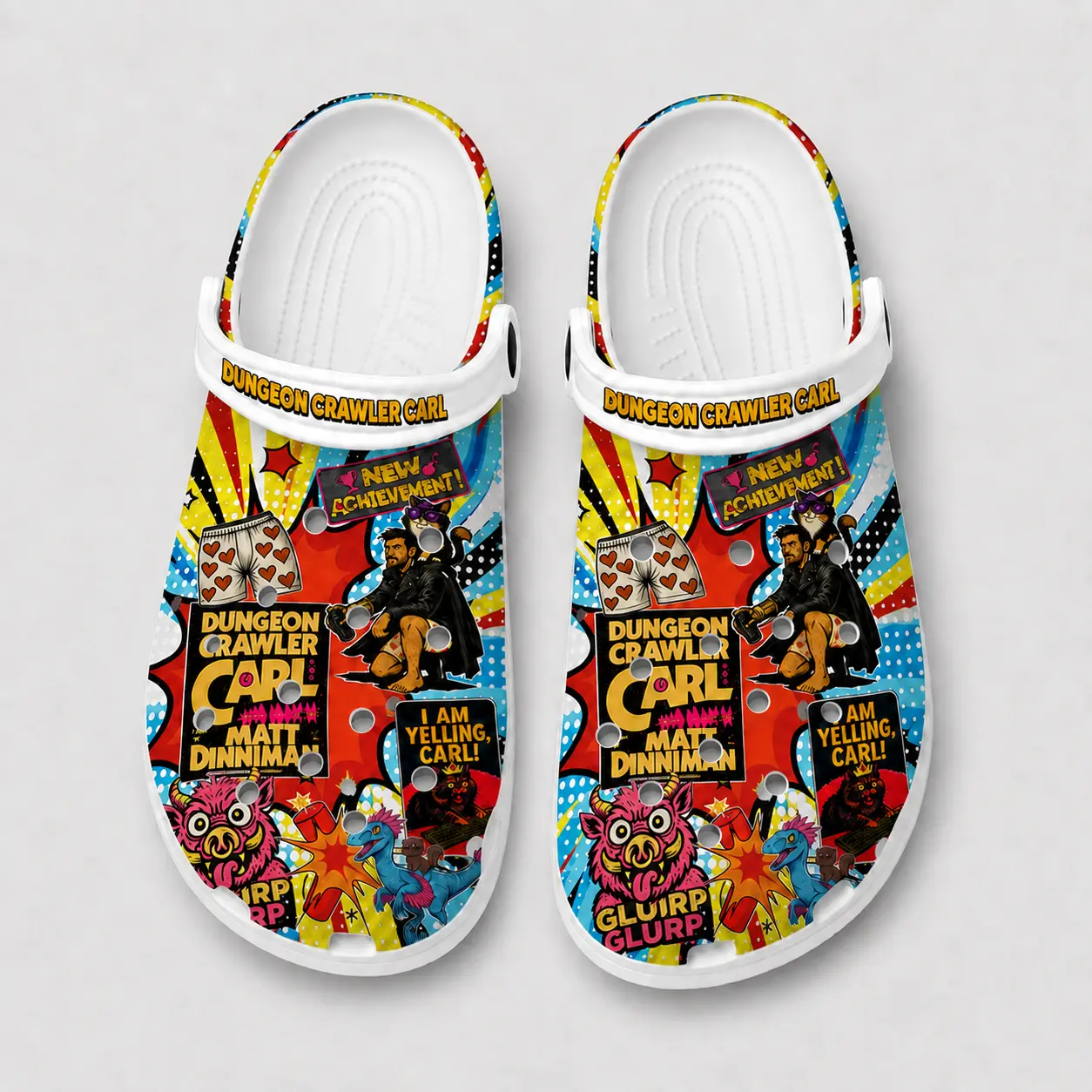 Dungeon Crawler Carl Clogs | Princess Donut & Mongo Slip-on Shoes | LitRPG BookTok Fan Merch | Colorful Comic Book Pop Art Graphic Footwear | Ultimate Geeky Gift for Sci-Fi Fantasy Audiobook Lovers