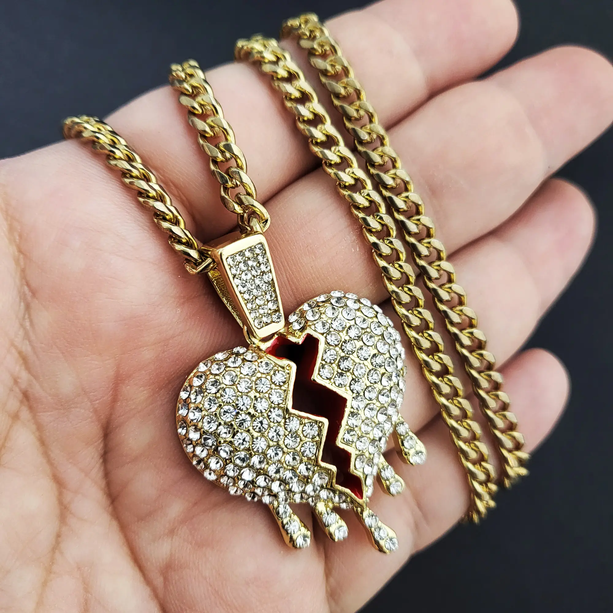 MaxBling81 Golden Heart Sparkling CZ Broken Heart Drip Iced Charm Pendant Necklace - 4mm Brass Cuban Link Chain, 18/20/24in Length Options, Fashion Costume Jewelry Gift Accessory, Golden Heart Necklace