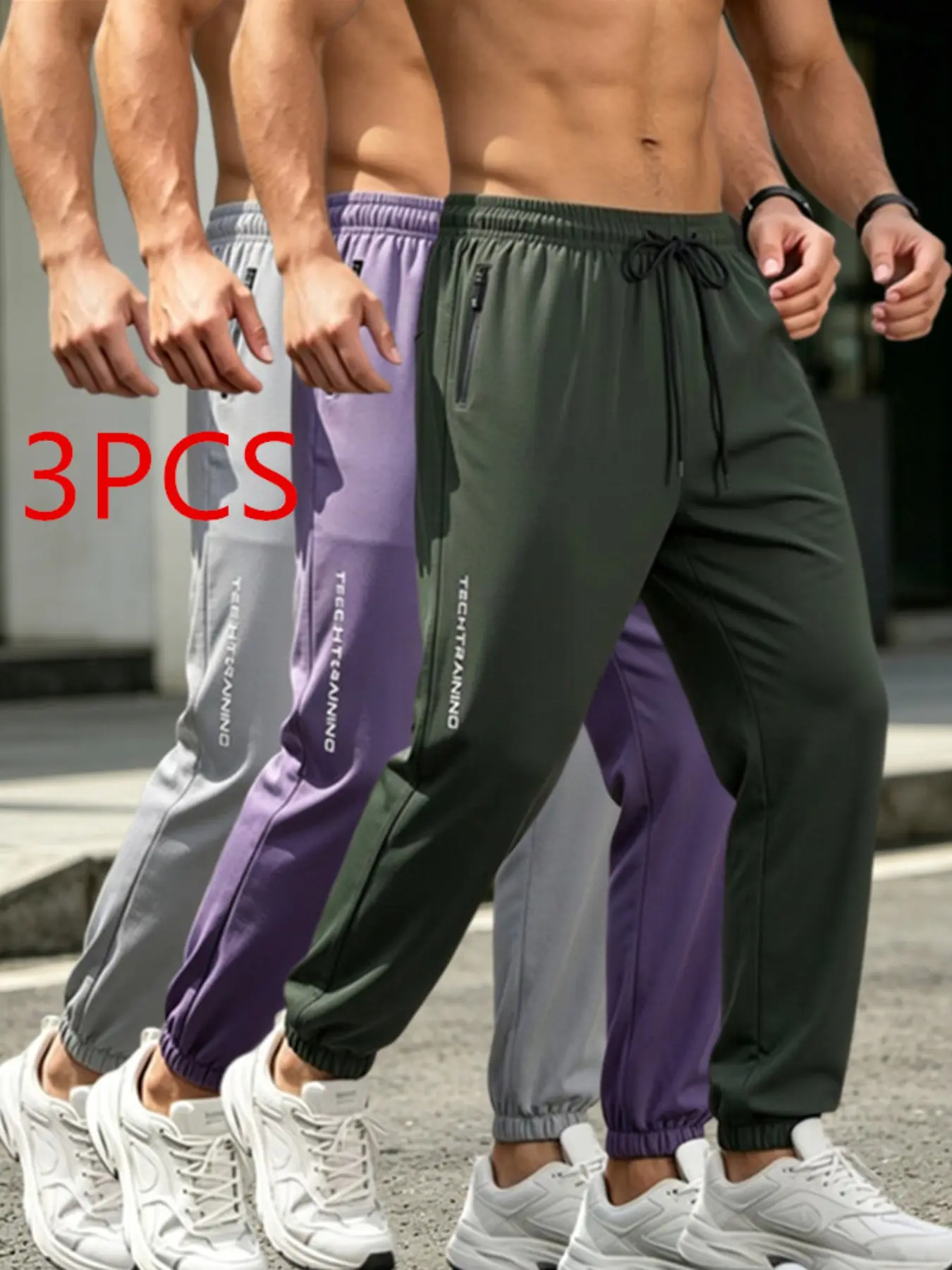 3-Pack Summer Quick-Dry Men's Tech Training Ice Silk Pants, Breathable Jogging Pants, Casual Elastic Waist Sports Long Pants with Zip Pockets, Casual Athletic Pants, Jogging Wear