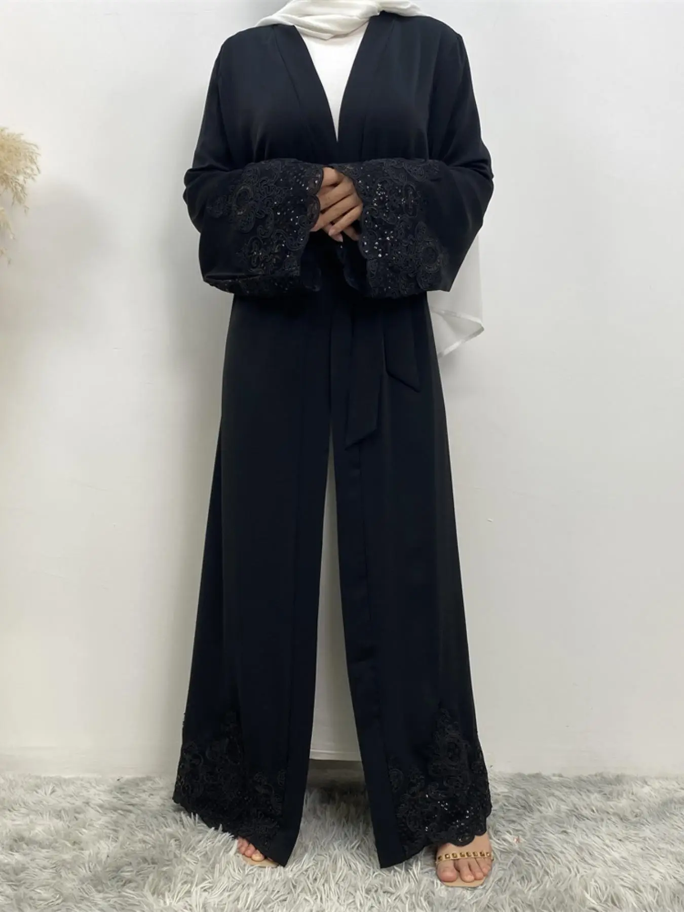 Arabic Clothing- Women's Plain Appliques Long Sleeve Belted Abaya, Modest Casual V Neck Open Front Abaya, Ladies Islamic Clothes for Spring & Fall