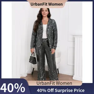【UrbanFit Women】Plus Size Elegant Sequined Suit Set with V-neck, Long Sleeves, Loose Fit for Parties and Banquets