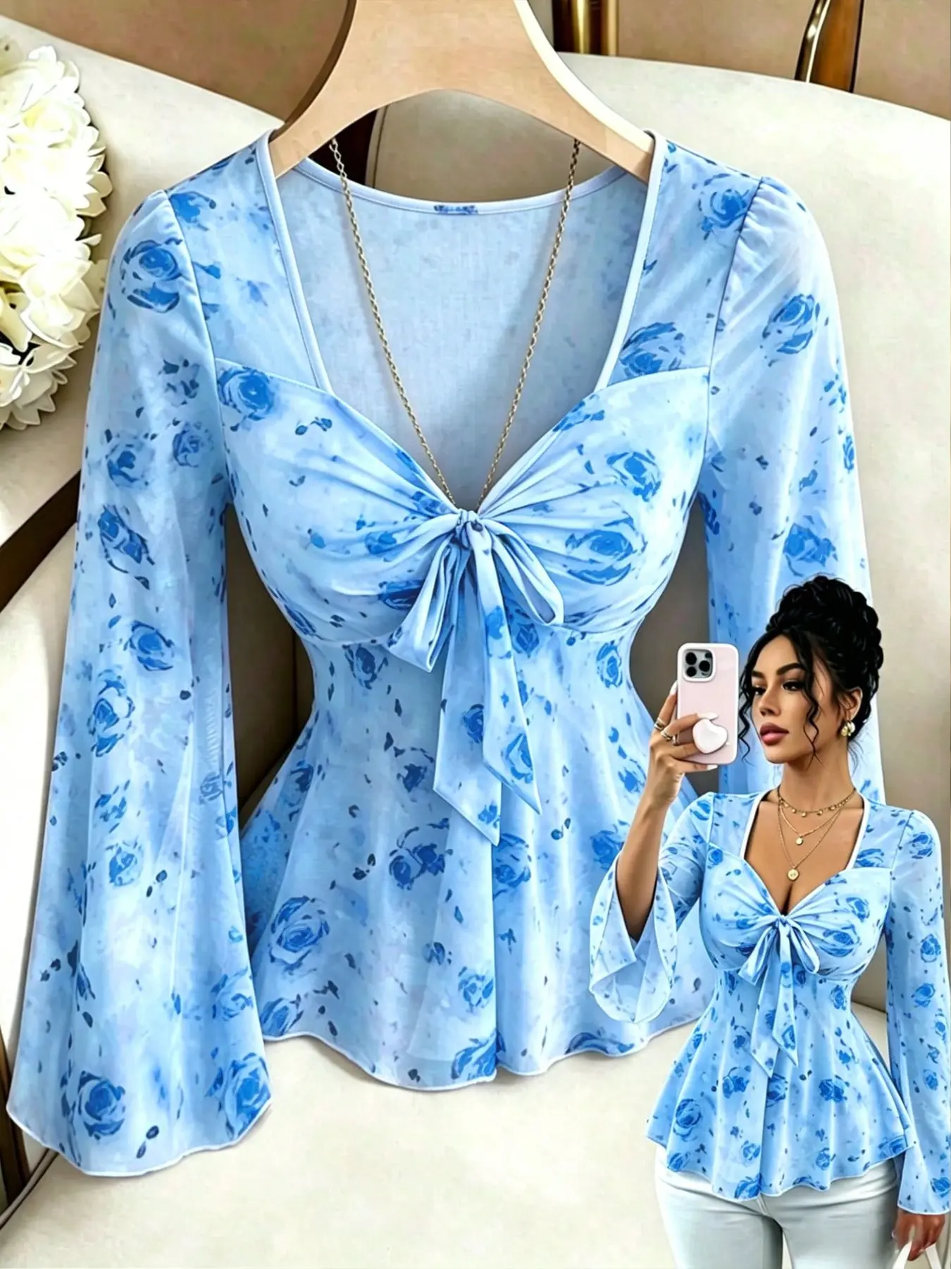 New Women's Floral Print Mesh Transparent Bell Sleeve Front Tie Bow Design Vacation Casual Elegant T-Shirt, Blouse, Stylish Summer Top