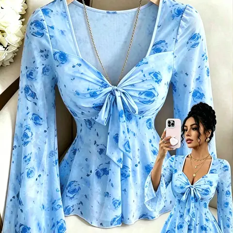 New Women's Floral Print Mesh Transparent Bell Sleeve Front Tie Bow Design Vacation Casual Elegant T-Shirt, Blouse, Stylish Summer Top