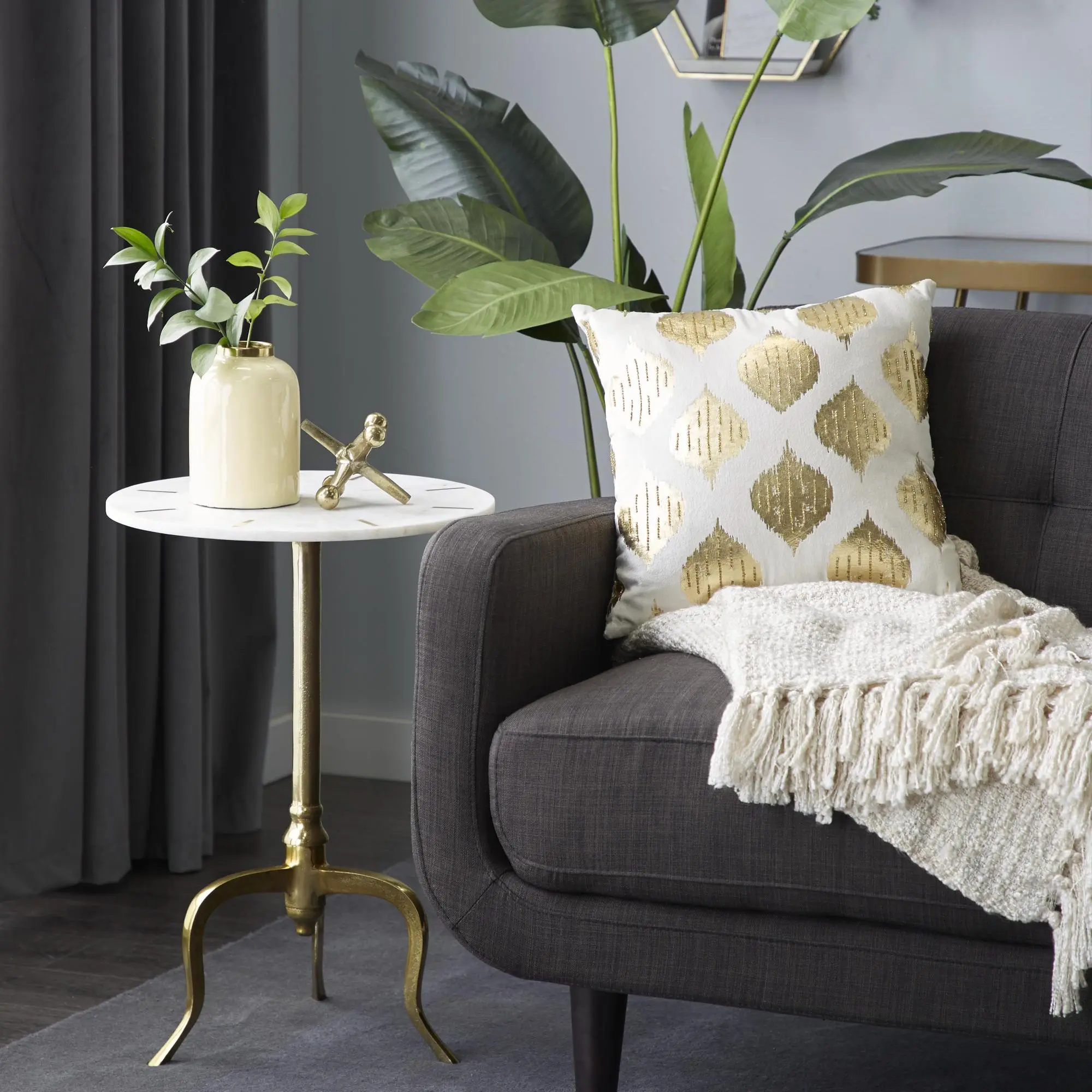 White Marble Side End Accent Table with Gold Inlay and Scrolled Base