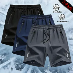 3-pack men’s casual breathable shorts: quick-dry elastic athletic shorts featuring a lightning print design, an elastic waistband with drawstring, breathable sports fitness running shorts with zippered pockets—ideal for everyday summer wear and high-inten