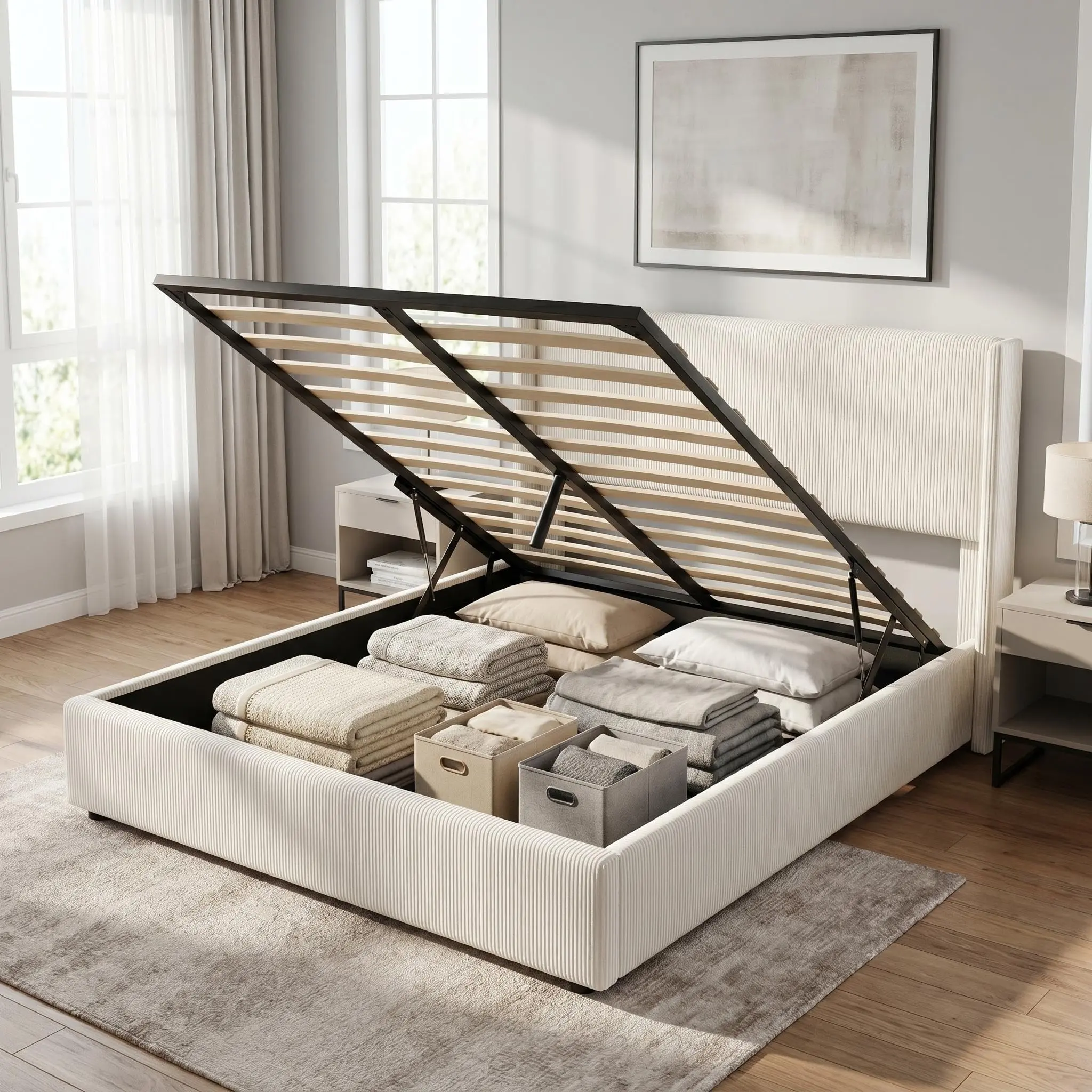 Rectangular Queen/Full Lift-Up Corduroy Upholstered Storage Bed Frame, Gas Lift Platform Bed Design with Padded Headboard, Wooden Slats, Easy Assembly, No Box Spring Needed Modern Indoor Furniture