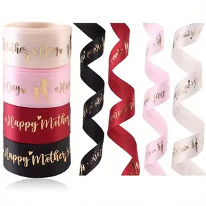 5 Yards 25mm Happy Mother's Day Ribbon, Pink Red Ribbon for Gift Wrapping, Satin Ribbon for Flower Bouquet Moms Birthday Day Thank
